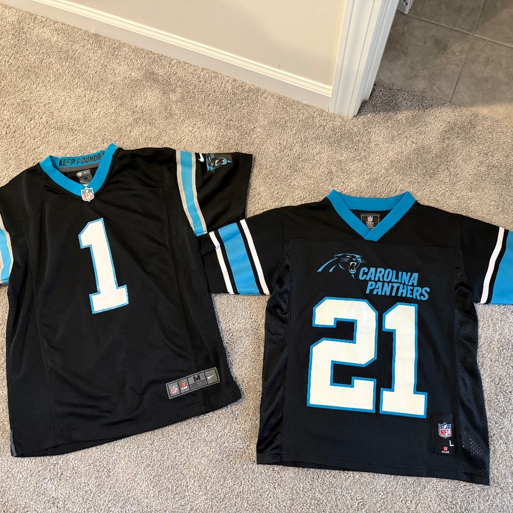 2 NFL Carolina Panthers Jerseys, boys size 10/12, #1 Newton & #21 Chinn